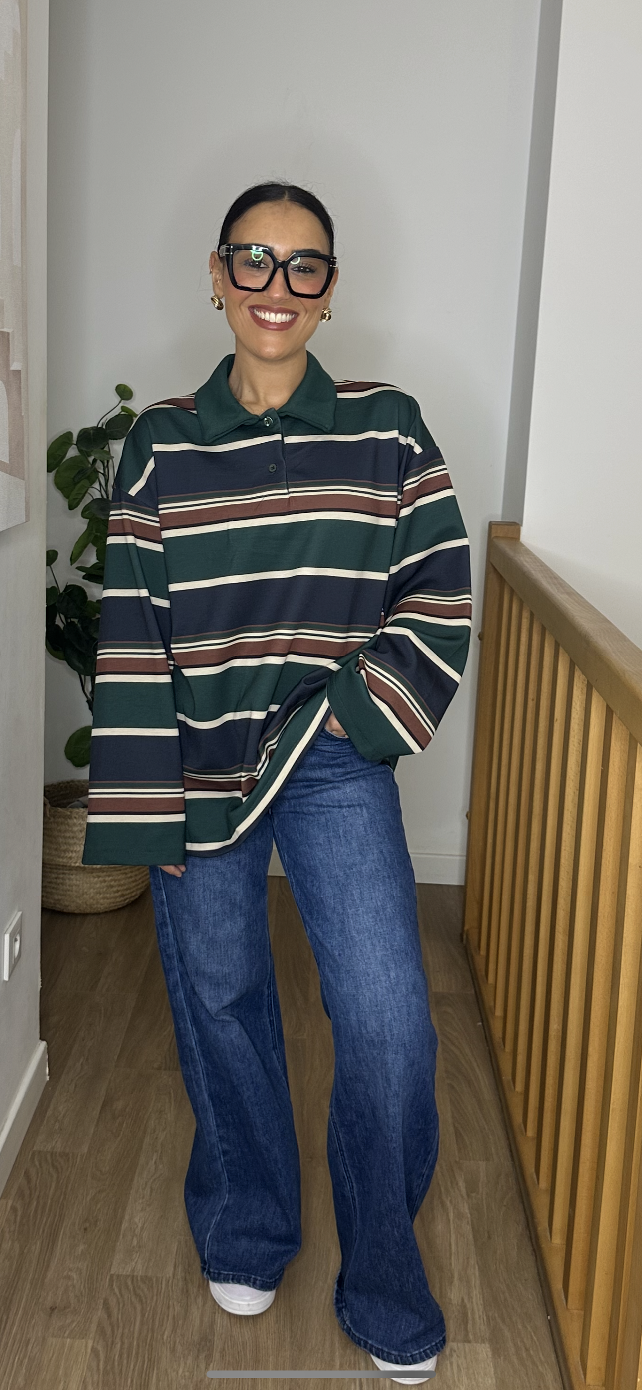 Polo Oversize Polaire à Rayures Vert