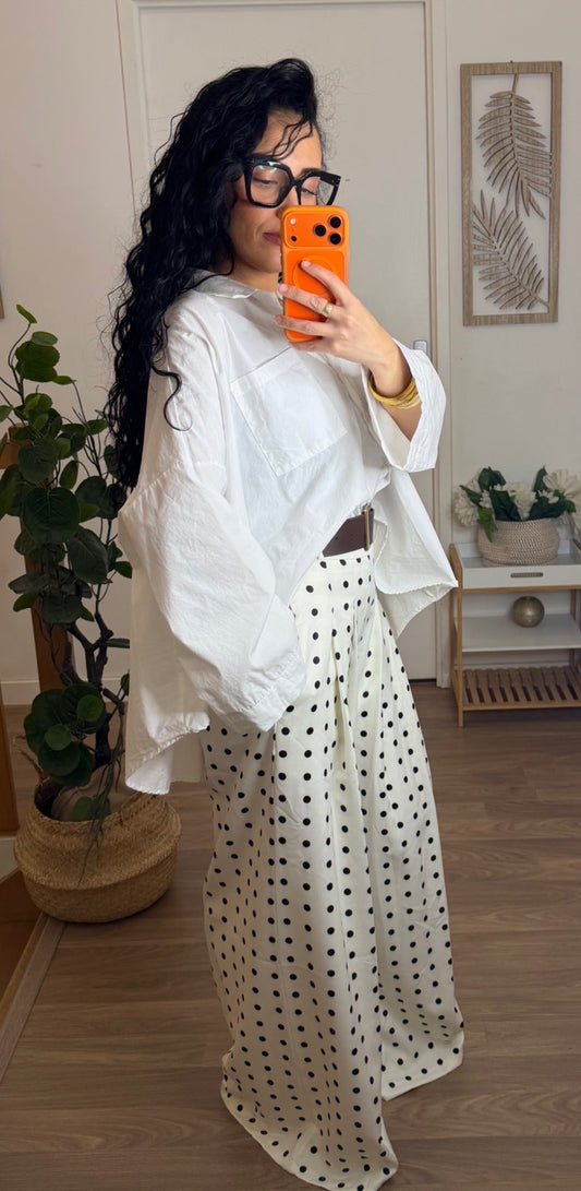 Pantalon Large à Pois Noir & Blanc avec Ceinture