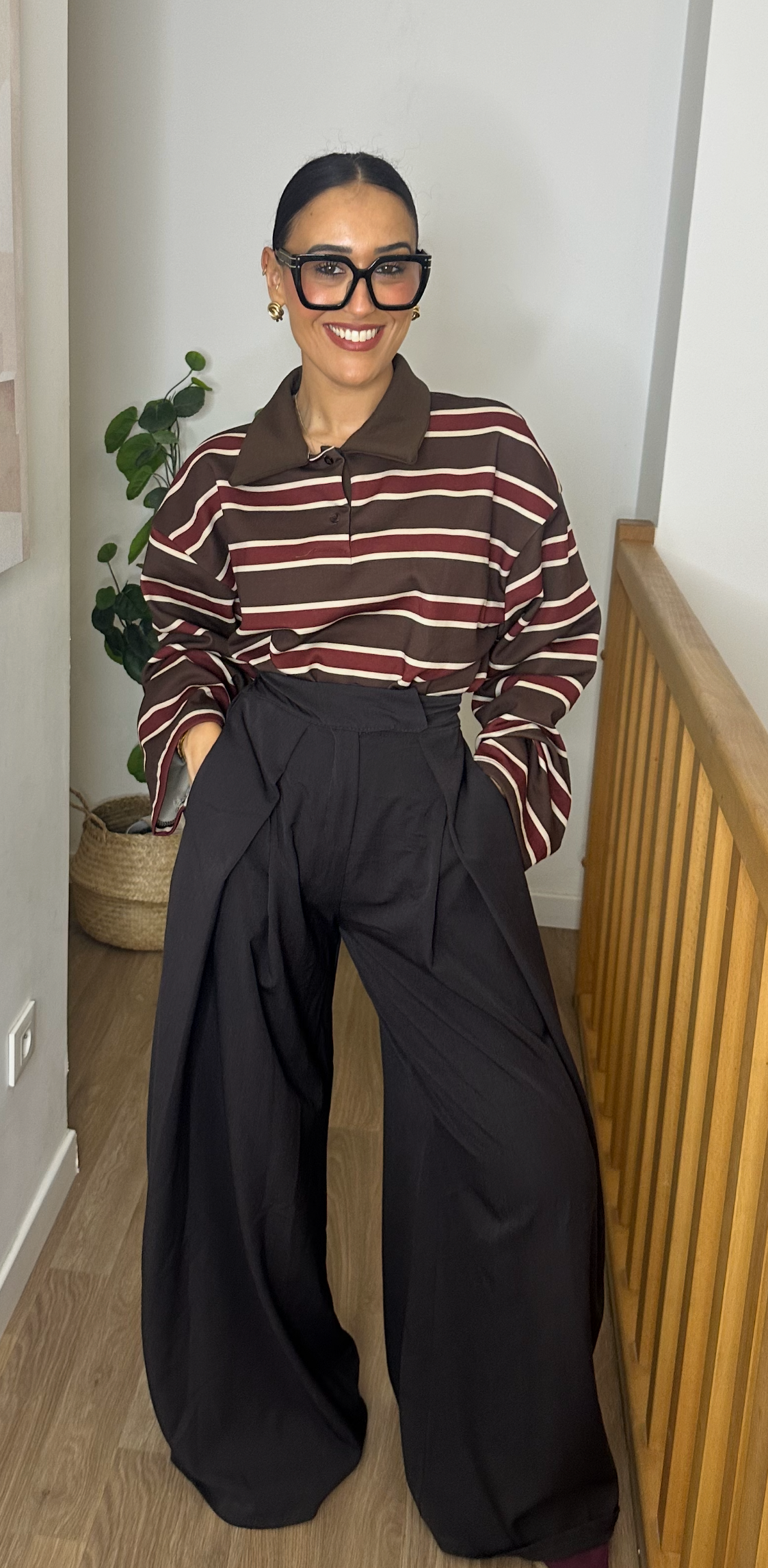 Polo Oversize Polaire à Rayures – Marron & Bordeaux