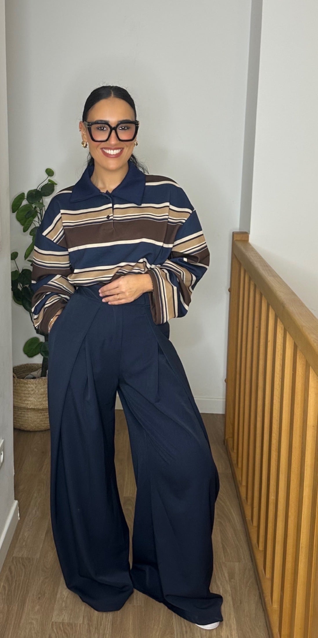 Polo Oversize Polaire à Rayures – Bleu Marine / Marron