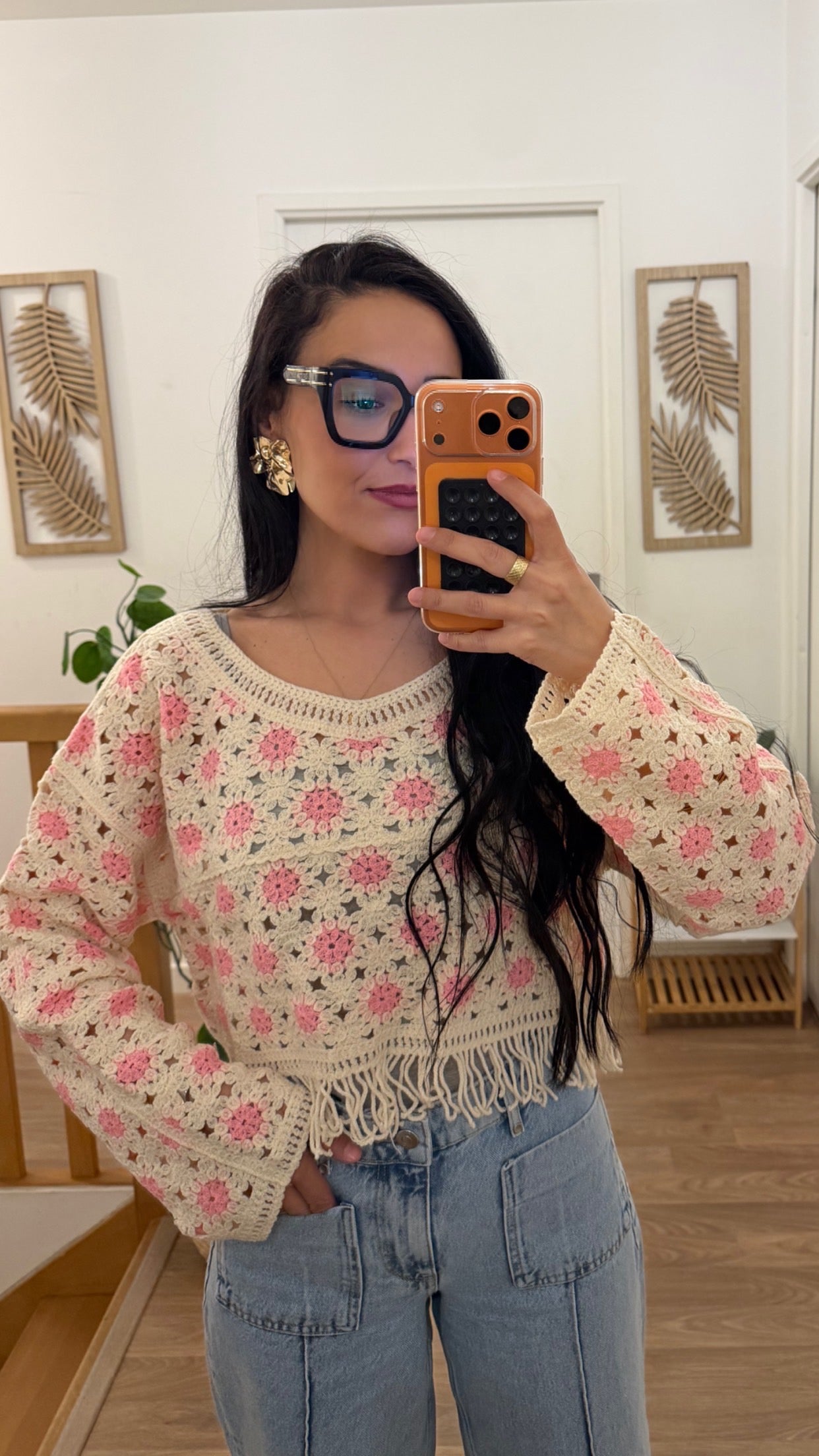 Pull crochet fleuri bohème