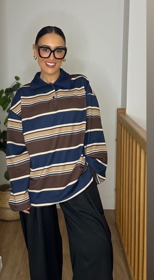 Polo Oversize Polaire à Rayures – Bleu Marine / Marron