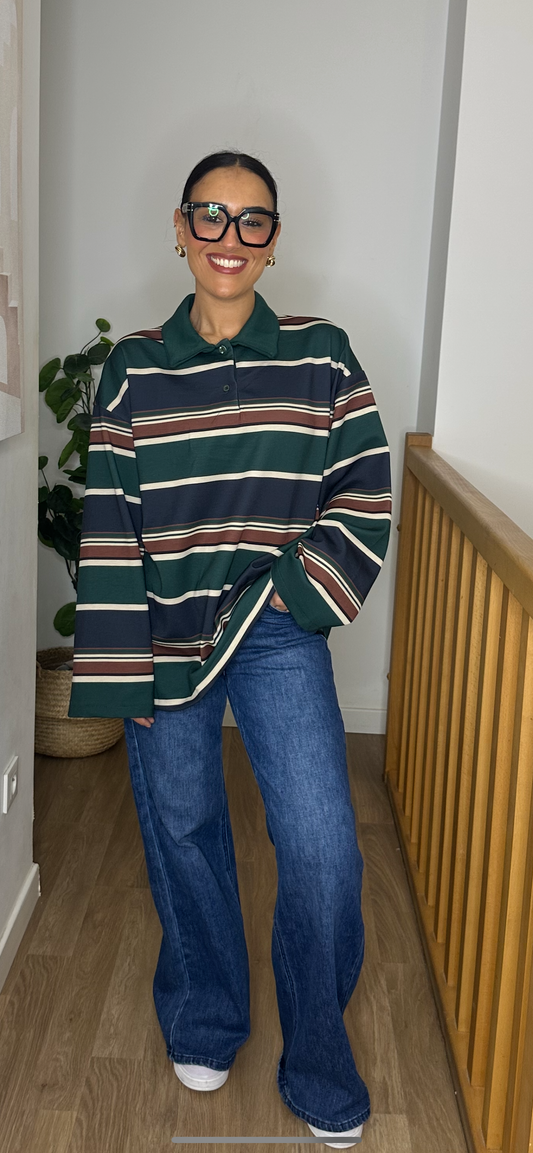 Polo Oversize Polaire à Rayures Vert