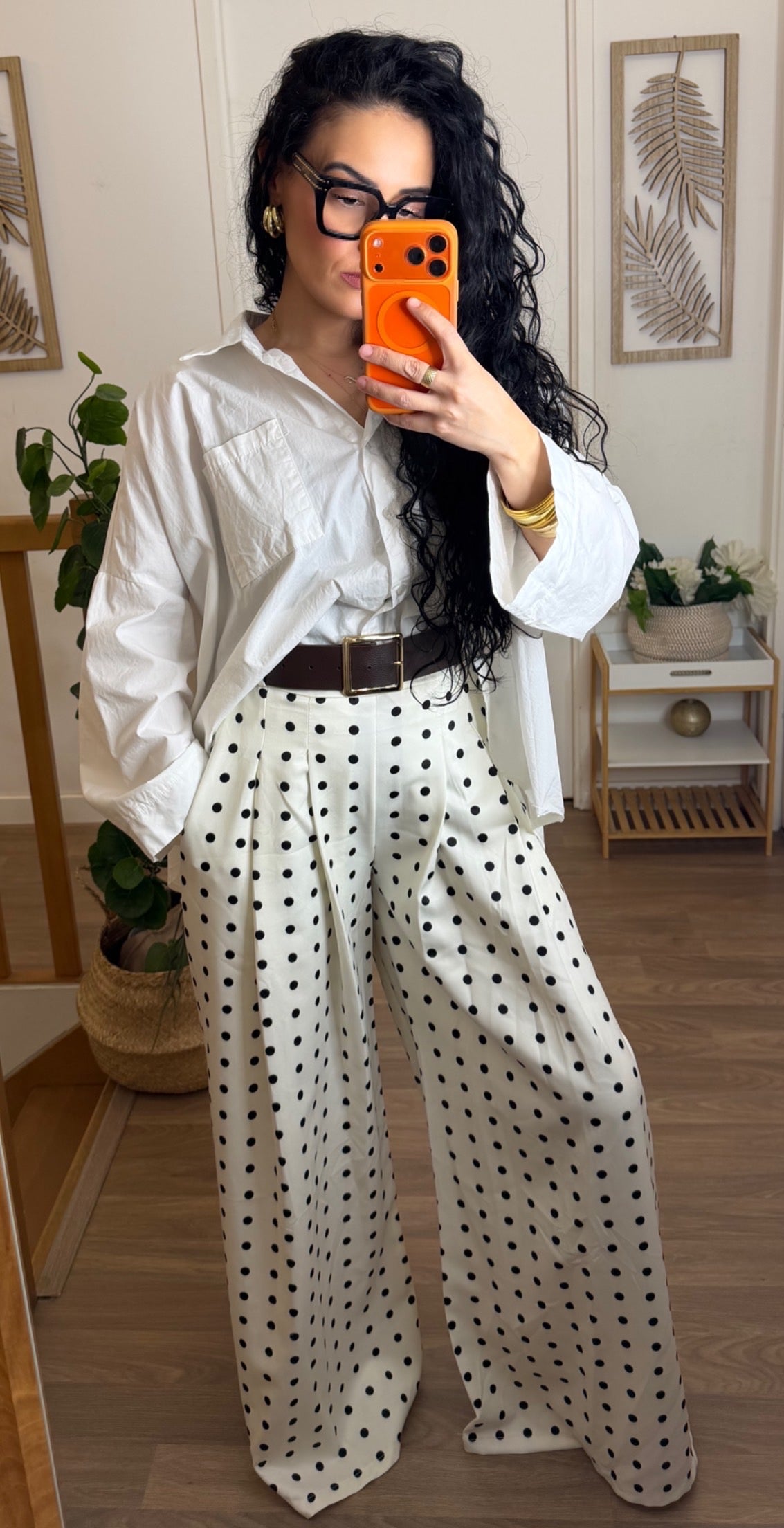 Pantalon Large à Pois Noir & Blanc avec Ceinture