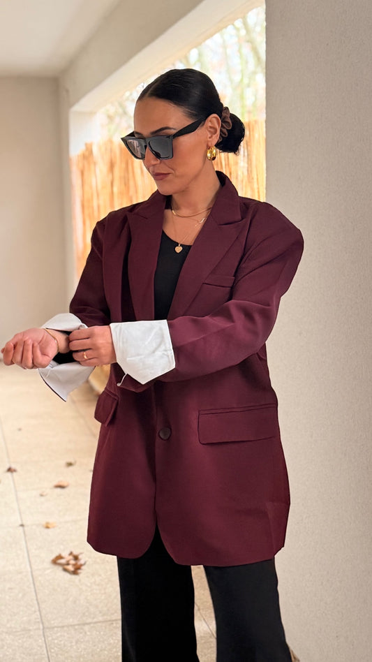 Blazer Oversize Bordeaux à Revers Contrastés