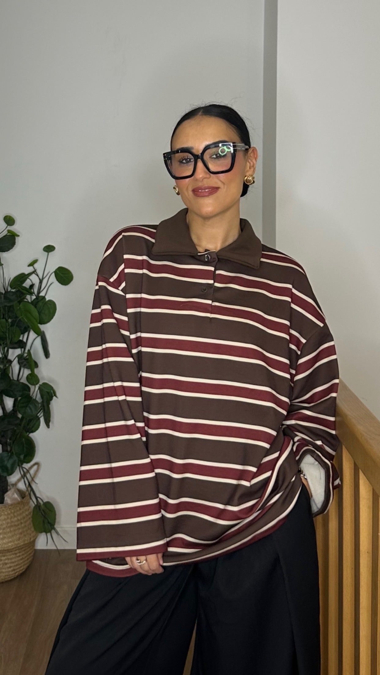 Polo Oversize Polaire à Rayures – Marron & Bordeaux