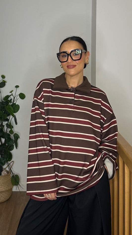 Polo Oversize Polaire à Rayures – Marron & Bordeaux