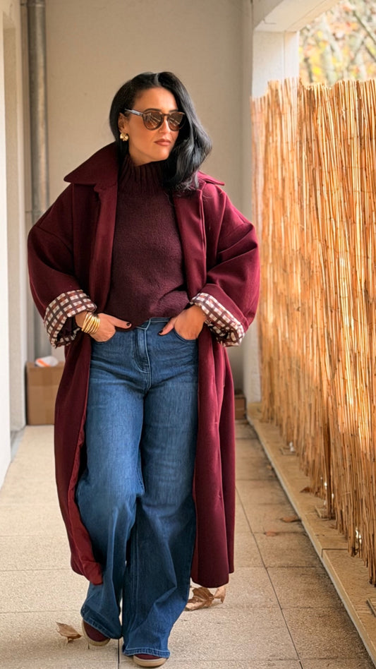 Manteau Bordeaux oversize revers vichy
