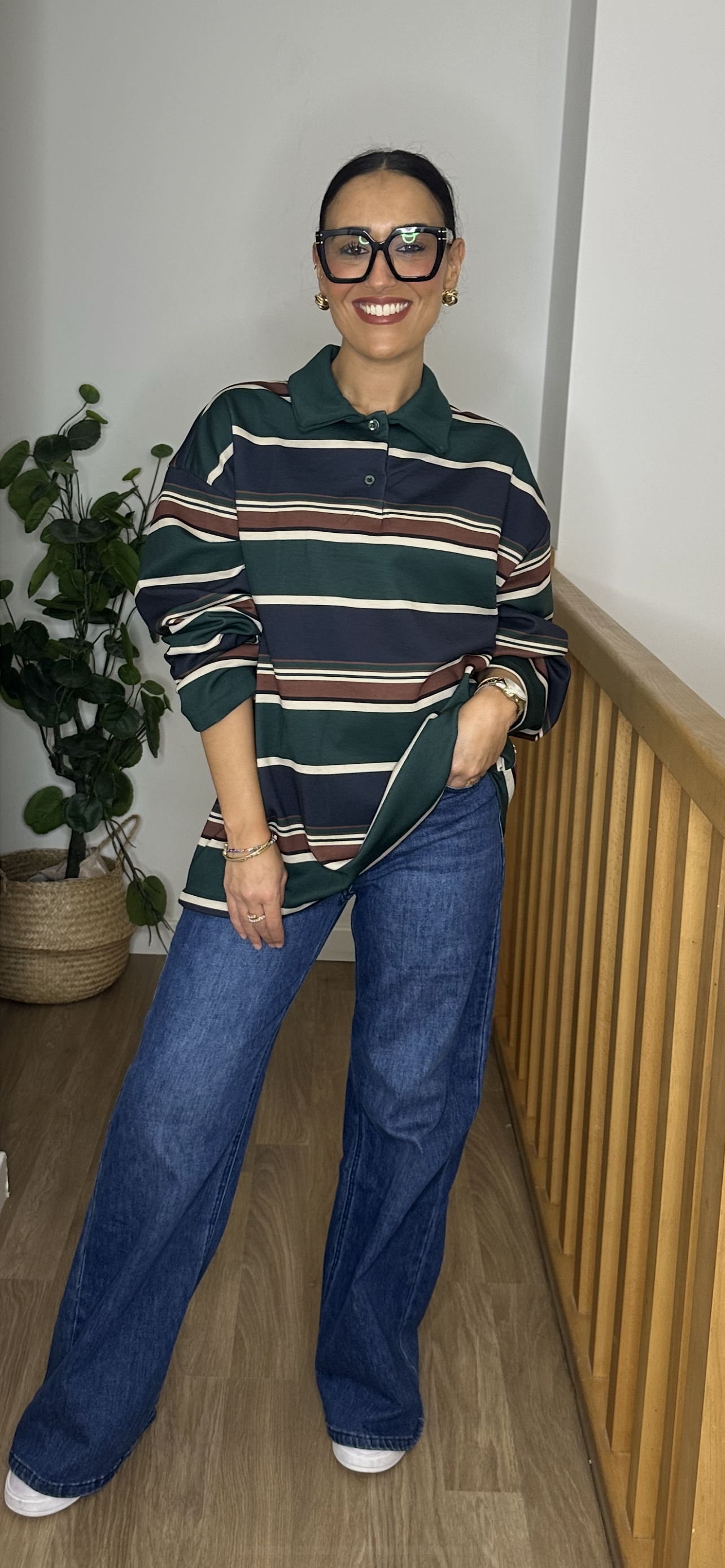 Polo Oversize Polaire à Rayures Vert