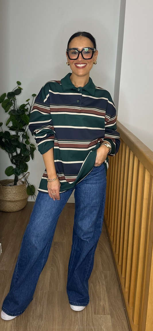 Polo Oversize Polaire à Rayures Vert