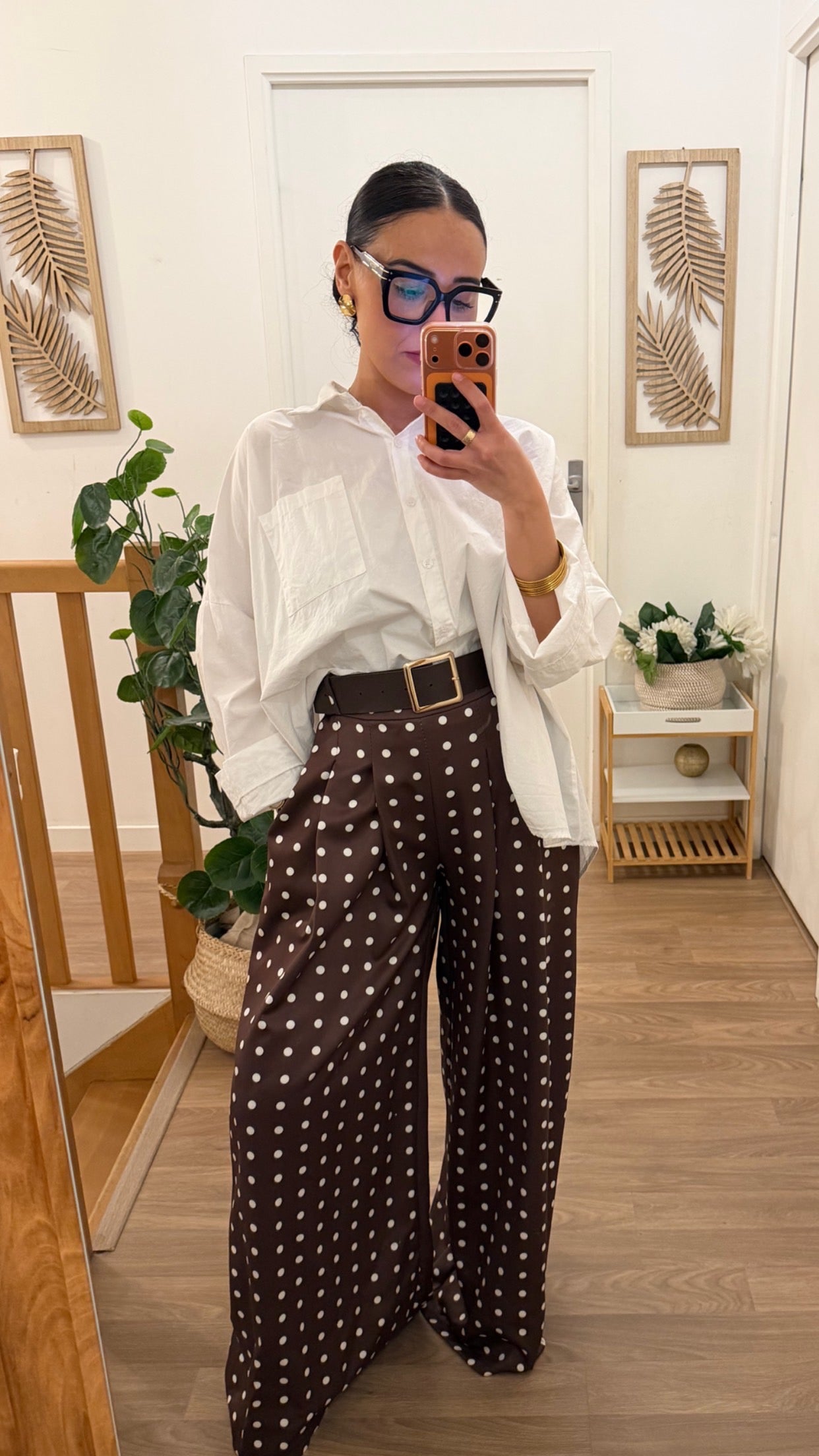 Pantalon Large à Pois Marron & Blanc avec Ceinture