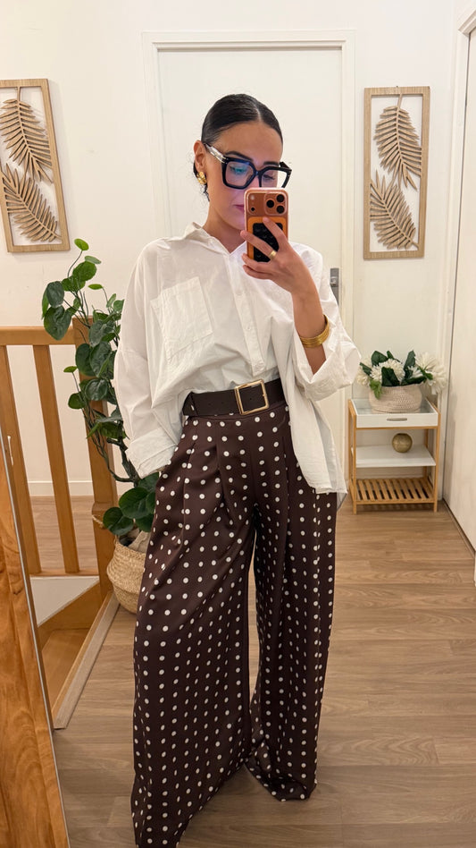 Pantalon Large à Pois Marron & Blanc avec Ceinture