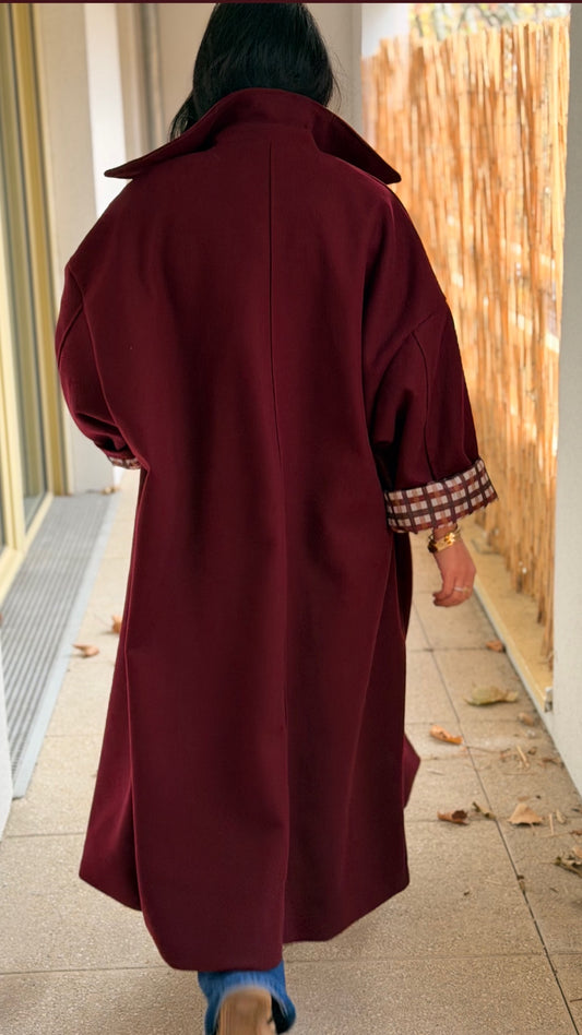 Manteau Bordeaux oversize revers vichy