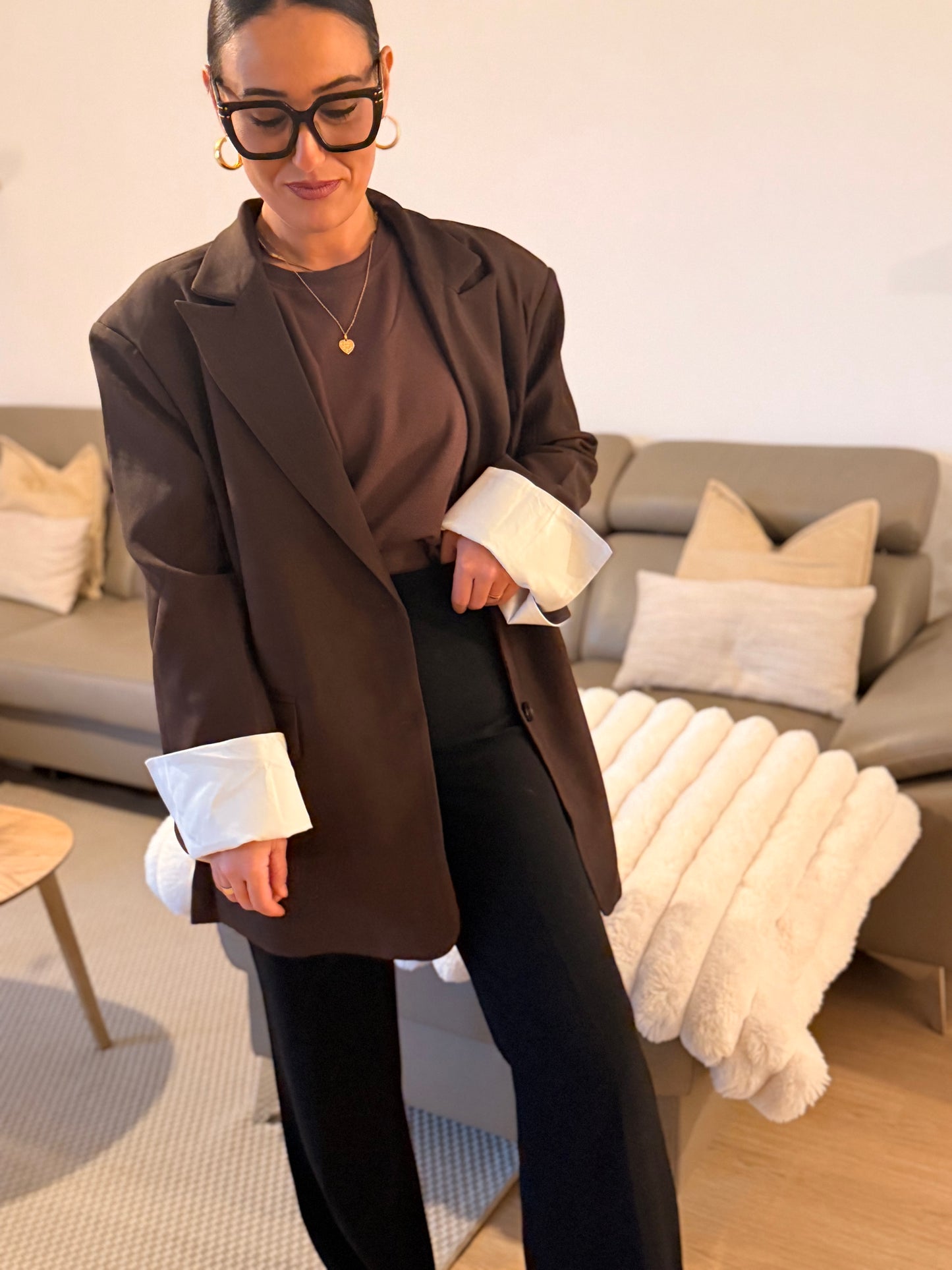 Blazer Oversize Chocolat Manches à Revers Contrastés