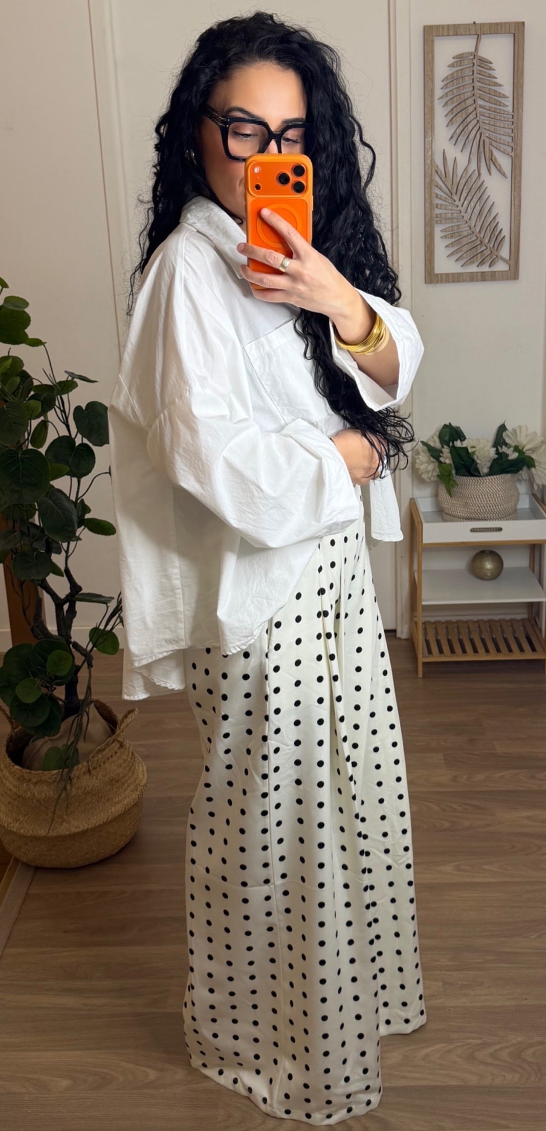 Pantalon Large à Pois Noir & Blanc avec Ceinture