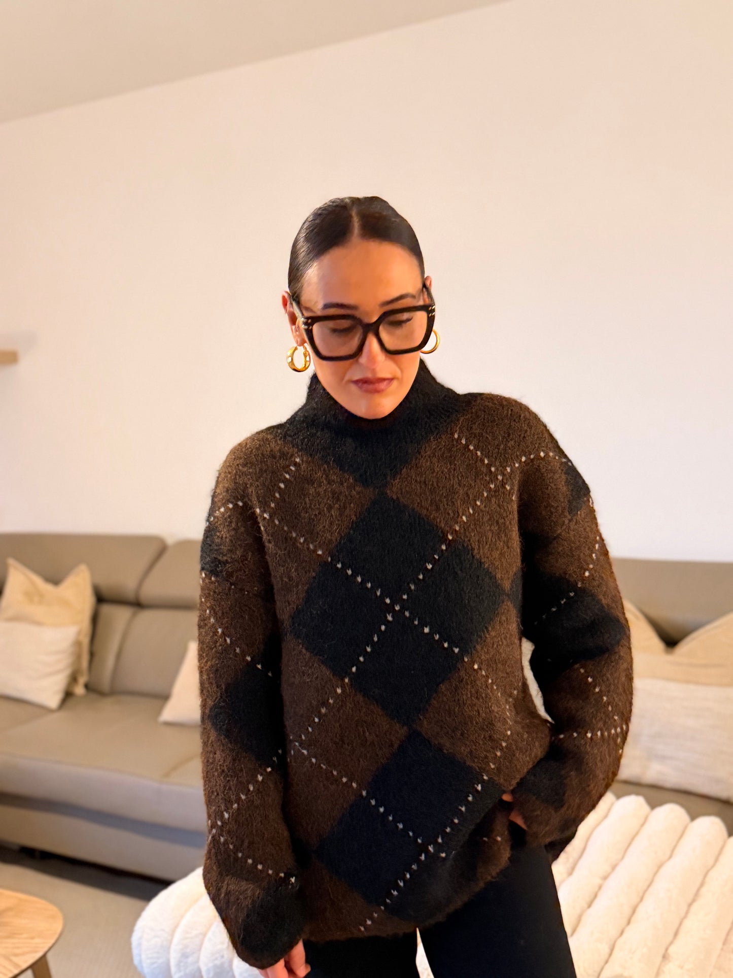 Pull Oversize Damier Marron