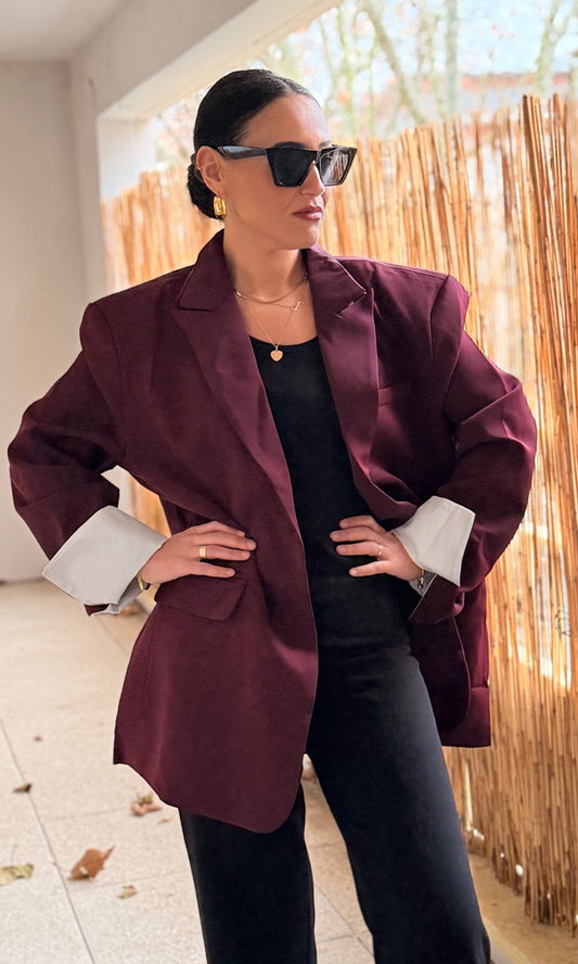 Blazer Oversize Bordeaux à Revers Contrastés