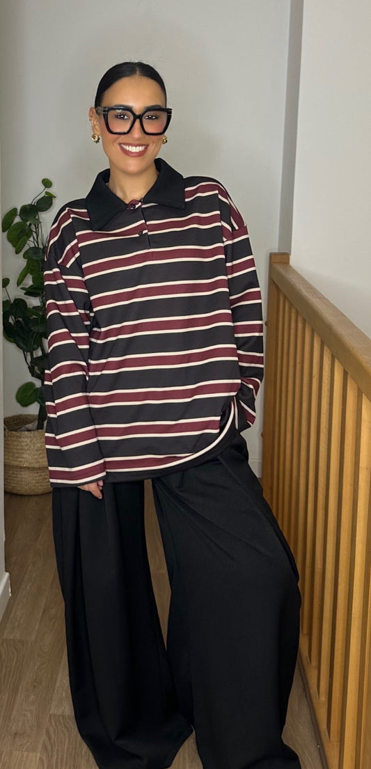 Polo Oversize Polaire à Rayures Noir