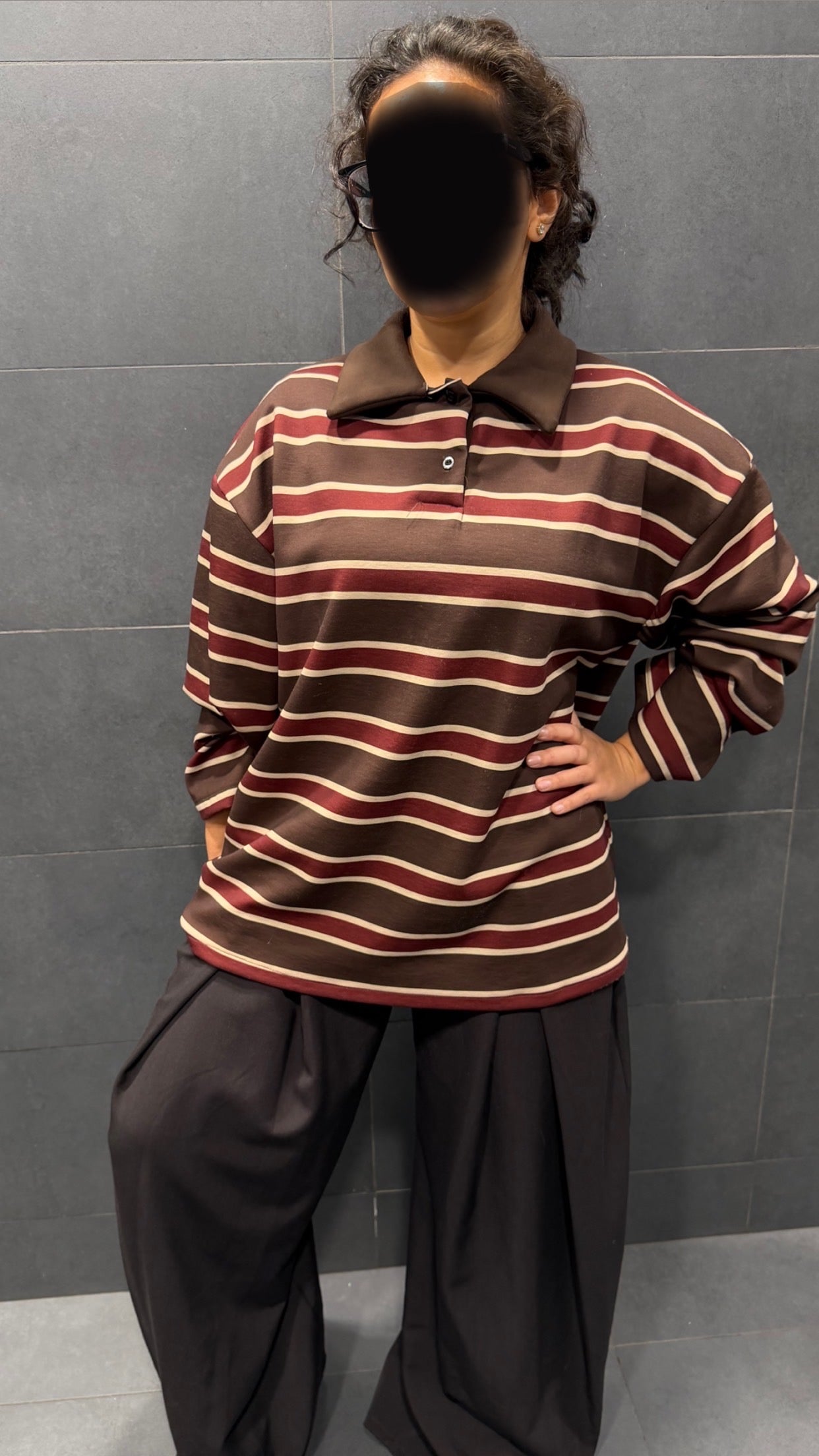 Polo Oversize Polaire à Rayures – Marron & Bordeaux