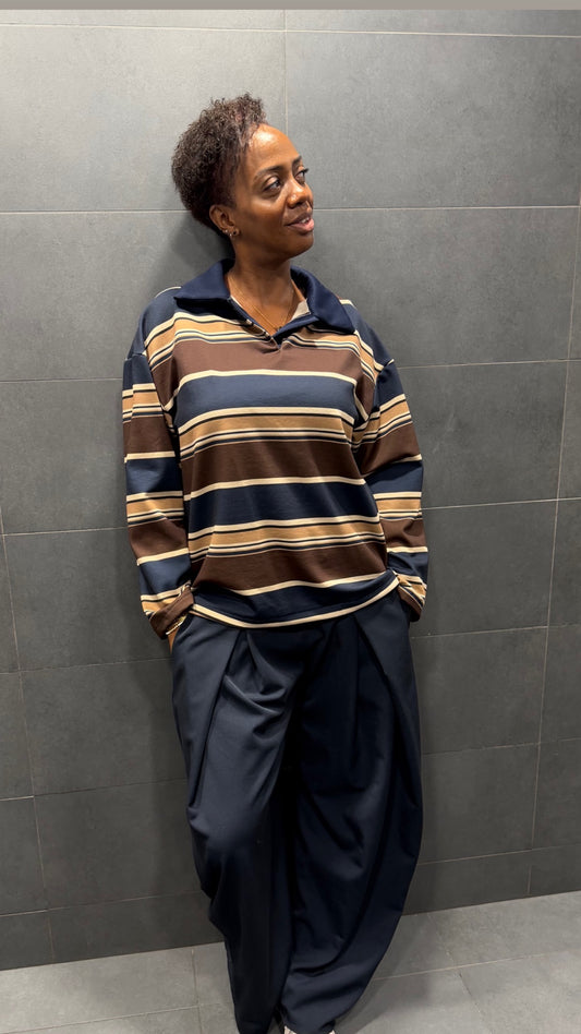 Polo Oversize Polaire à Rayures – Bleu Marine / Marron