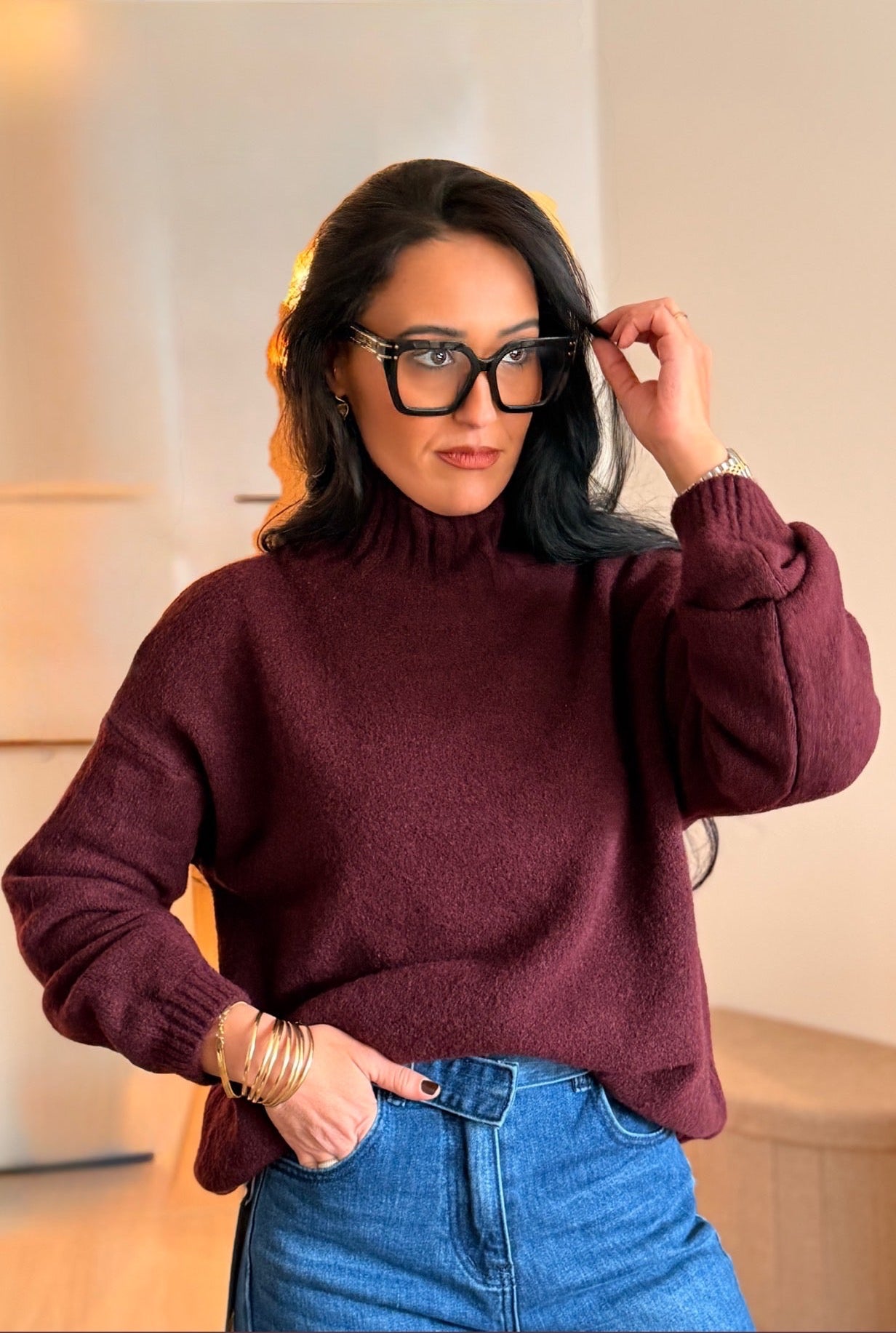 Pull à col montant Bordeaux