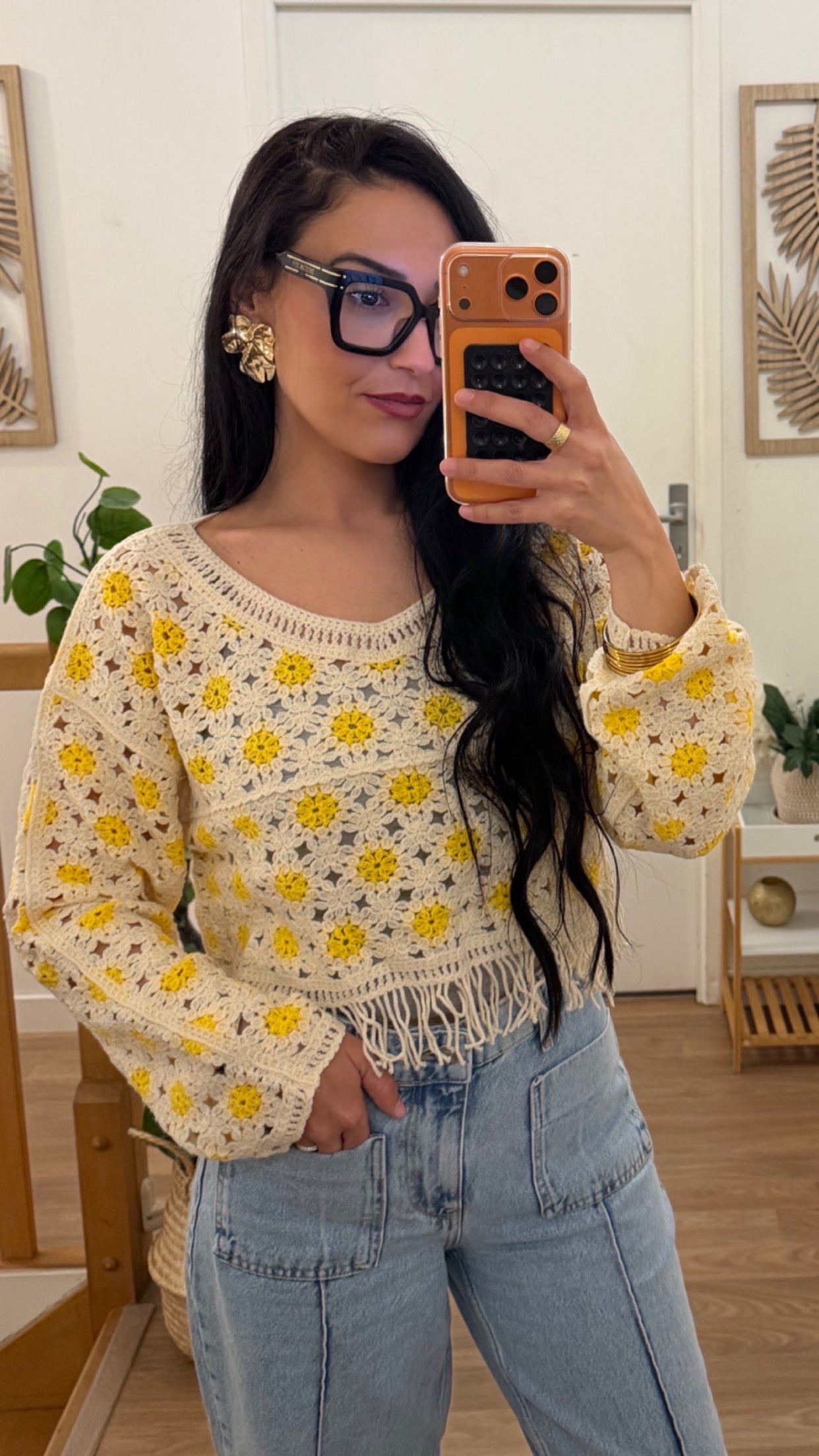 Pull crochet fleuri bohème