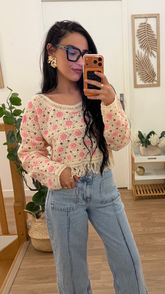 Pull crochet fleuri bohème